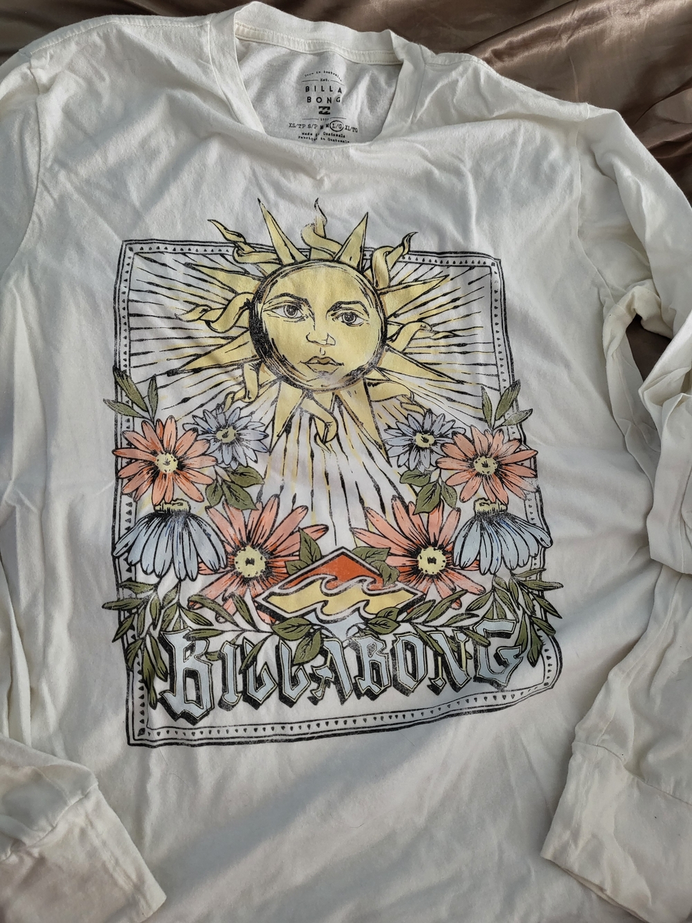 Billabong White Long Sleeve Tee with Sun, Pink & Blue Floral Art